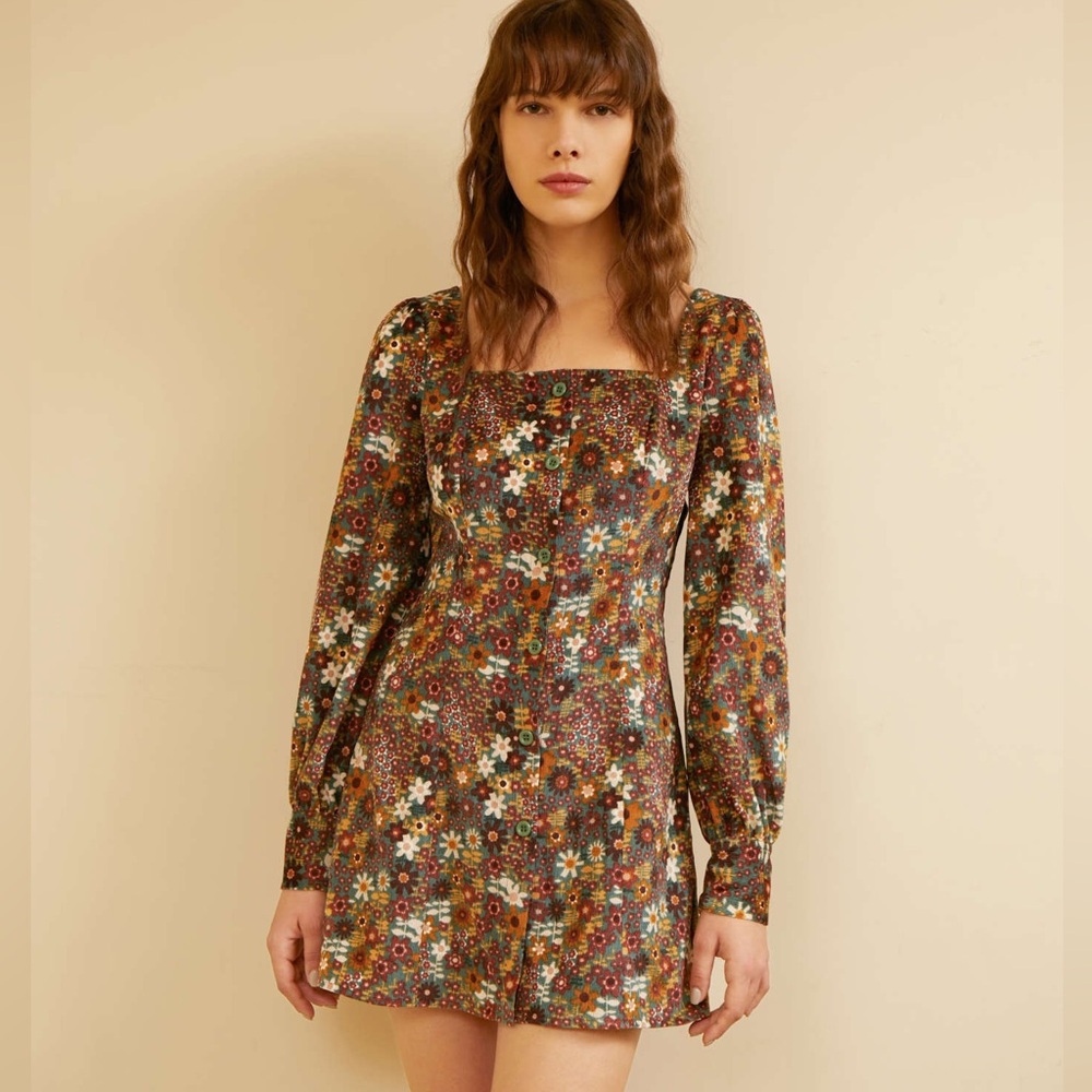 Cider Floral Square-Neck Mini Dress in Green and Brown